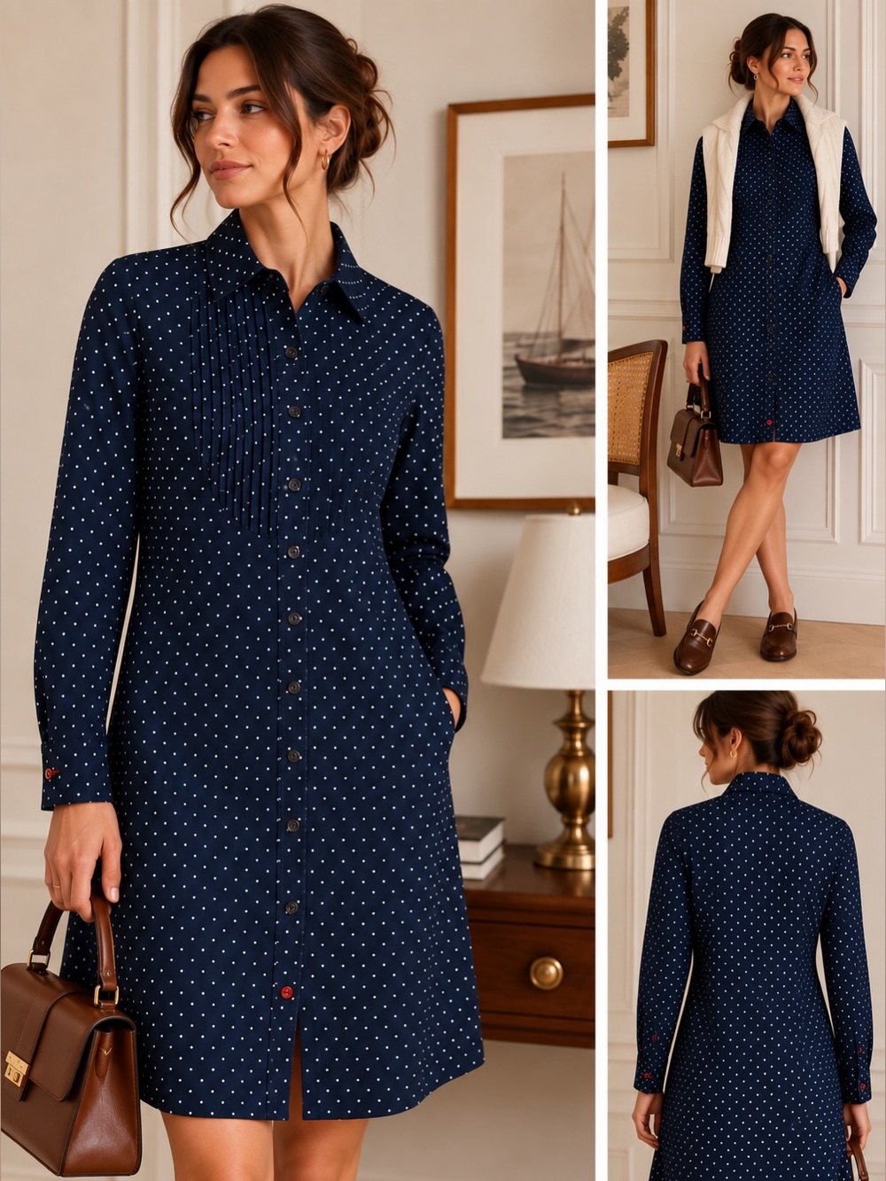 Tommy Hilfiger Navy Polka Dot Shirt Dress Pintuck Bib Knee Length Size S